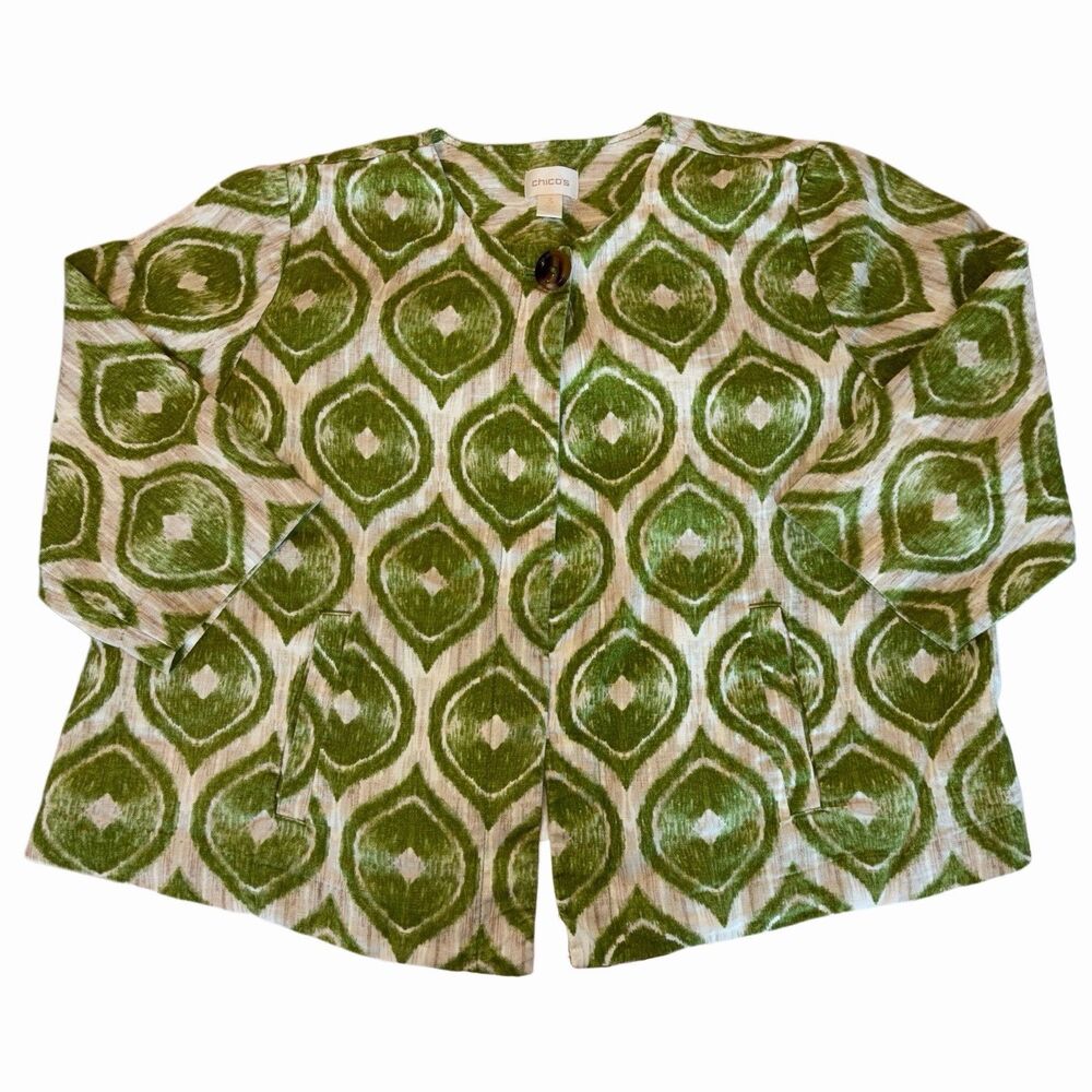 Chico 100% Linen Jacket Green Beige Geometric Top Button Pockets Size 3